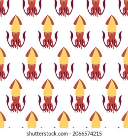 Sea animal seamless pattern with squid. Undersea world habitants print. Hand drawn underwater life vector illustration. Funny cartoon marine animals character for kid fabric, textile.