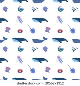 Sea animal seamless pattern with whale, jellyfish and stringray, seashell, coral. Undersea world habitants print. Hand drawn underwater life vector illustration. Funny cartoon marine animals