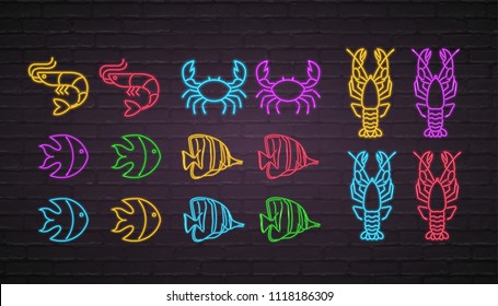 Sea Animal Set Icon Neon Light Glowing Vector Illustration with Dark Background