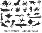 Sea animal silhouette, Ocean animal silhouette, Animal vector clipart, Sea life silhouette. 