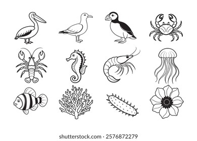 Sea animal silhouette vector illustration set