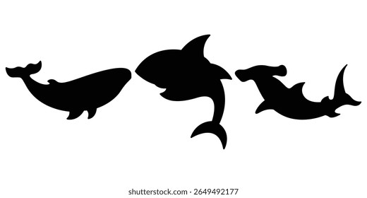 Sea Animal Silhouette Vector Set. Whale, Shark, and Hammerhead Clipart.