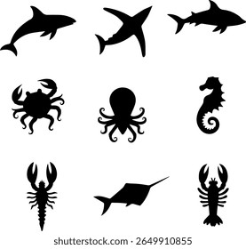 Sea Animal Silhouettes Set 12 Ocean Creature Vector Icons