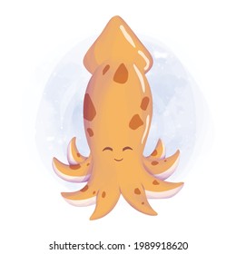 sea animal smile squid watercolor