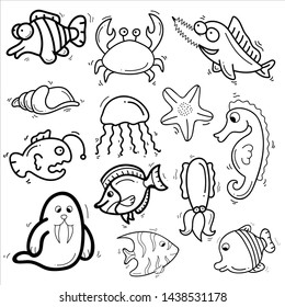 Sea Animal Theme Doodle Collection In White Isolated Background - Vector