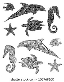 Sea animal tribal tattoo set