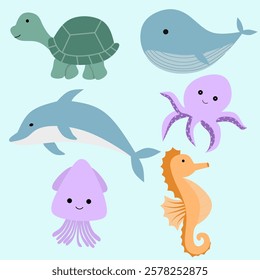 Sea animal. Turtle, whale, dolphin, squid, octopus and sea horse. Element illustration 