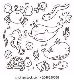 Sea Animal under water hand drawing vector set element. Cute animal nursery drawing outline logo symbol. Sea creature of crab, fish, whale, turtle, seahorse, starfish