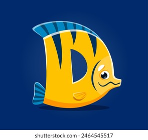 Fuente de animal marino o submarino, letra D como personaje de pez de dibujos animados, Vector tipo ABC. Fuente animal del mar o alfabeto submarino del océano, mariposa tropical divertida como letra D para los niños tipografía submarina