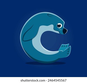 Sea animal or underwater font, letter C as cartoon seal character, vector ABC type. Sea animal font or underwater ocean life alphabet, letter C as funny seal for kids undersea typography