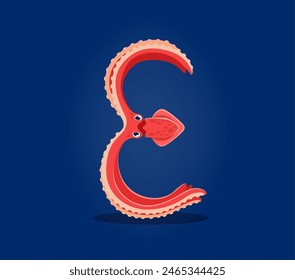 Sea animal or underwater font of letter E as squid or cuttlefish, vector funny cartoon character. Sea animals font or ocean alphabet type with underwater ABC of squid cuttlefish as letter E typography