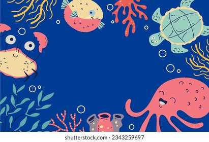 Sea animal underwater ocean world background concept. Vector flat graphic design illustration