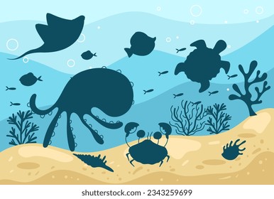 Sea animal underwater ocean world background concept. Vector flat graphic design illustration