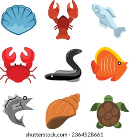 Sea Animal Vector Collection, Marine Products Cartoon Illustration, Fish, Lobster, Turtle, Shell