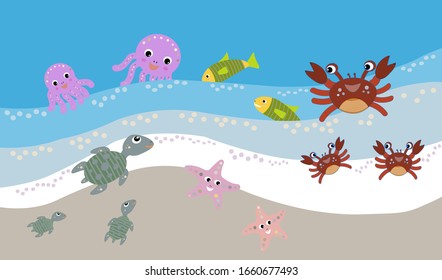 Sea animal vector icon on sea water background, sea animals at tropical beach, turtles, star fish, crab, fish and squids vector swimming in water, vector for computer and mobile graphic design