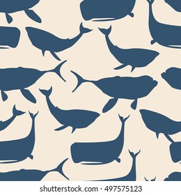 Sea animal whale silhouette vector seamless pattern 