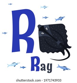 Sea animals alphabet. ABC for children. Letter R. Ray. Kids training manual in a colourful cartoon style. Training tool for little kids. Learning to read in a funny way. Vector illustration