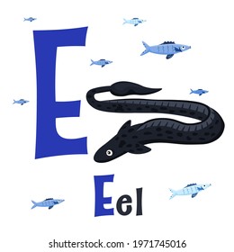 Sea animals alphabet. ABC for children. Letter E. Eel. Kids training manual in a colourful cartoon style. Training tool for little kids. Learning to read in a funny way. Vector illustration
