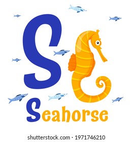 Sea animals alphabet. ABC for children. Letter S. Seahorse. Kids training manual in a colourful cartoon style. Training tool for little kids. Learning to read in a funny way. Vector illustration