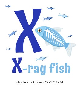 Sea animals alphabet. ABC for children. Letter X. X-ray fish. Kids training manual in a colourful cartoon style. Training tool for little kids. Learning to read in a funny way. Vector illustration