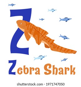Sea animals alphabet. ABC for children. Letter Z. Zebra shark. Kids training manual in a colourful cartoon style. Training tool for little kids. Learning to read in a funny way. Vector illustration