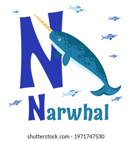 Sea animals alphabet. ABC for children. Letter N. Narwhal. Kids training manual in a colourful cartoon style. Training tool for little kids. Learning to read in a funny way. Vector illustration