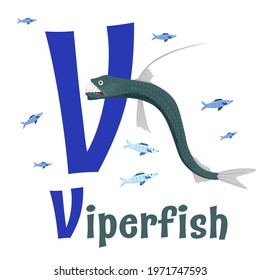 Sea animals alphabet. ABC for children. Letter V. Viperfish. Kids training manual in a colourful cartoon style. Training tool for little kids. Learning to read in a funny way. Vector illustration