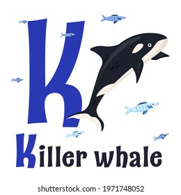 Sea animals alphabet. ABC for children. Letter K. Killer whale. Kids training manual in a colourful cartoon style. Training tool for little kids. Learning to read in a funny way. Vector illustration