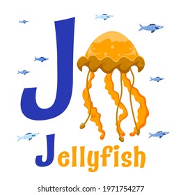 Sea animals alphabet. ABC for children. Letter J. Jellyfish. Kids training manual in a colourful cartoon style. Training tool for little kids. Learning to read in a funny way. Vector illustration