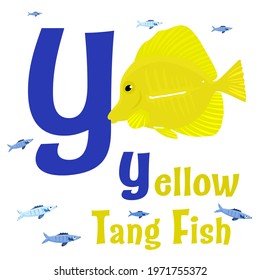 Sea animals alphabet. ABC for children. Letter Y. Yellow tang fish. Kids training manual in colourful cartoon style. Training tool for little kids. Learning to read in a funny way. Vector illustration