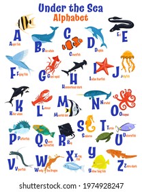 Sea animals alphabet. ABC for children. Learning letters and nature. Little kids training manual in a colourful cartoon style. Training tool. Teaching to read in a funny way. Vector illustration