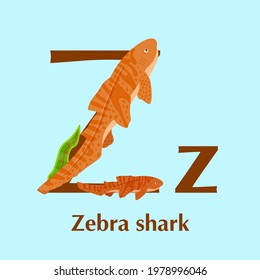 Sea animals alphabet. ABC for children. Letter Z. Zebra shark. Kids training manual in a colourful cartoon style. Training tool for little kids. Learning to read in a funny way. Vector illustration
