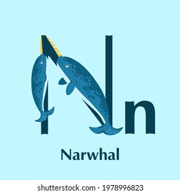 Sea animals alphabet. ABC for children. Letter N. Narwhal. Kids training manual in a colourful cartoon style. Training tool for little kids. Learning to read in a funny way. Vector illustration