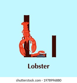 Sea animals alphabet. ABC for children. Letter L. Lobster. Kids training manual in a colourful cartoon style. Training tool for little kids. Learning to read in a funny way. Vector illustration