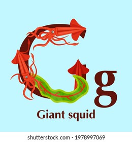 Sea animals alphabet. ABC for children. Letter G. Giant squid. Kids training manual in a colourful cartoon style. Training tool for little kids. Learning to read in a funny way. Vector illustration