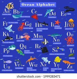 Sea animals alphabet. ABC for children. Learning letters and nature. Little kids training manual in a colourful cartoon style. Training tool. Teaching to read in a funny way. Vector illustration