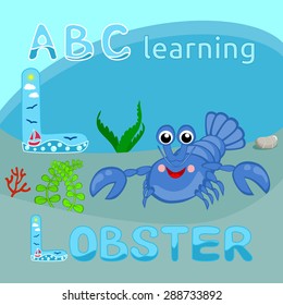 Sea animals alphabet letter vector L letter Blue lobster vector Funny cartoon character Happy crayfish Ocean fauna, Crawfish Great for sea life illustration, t shirt print, animal, wildlife design