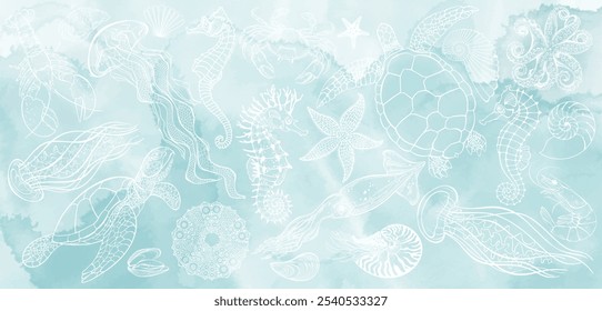 Animales marinos. Fondo de mar de arte. Vector. Diseño de lujo en salpicaduras de acuarela azul. Diseño de Plantilla para texto, embalaje, impresiones, diseño de tarjeta de felicitación decorativa o fondo de diseño de invitación. 