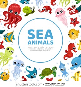 Sea animals banner. Cute funny bright sea creatures of underwater world poster, card design, business promote template cartoon vector