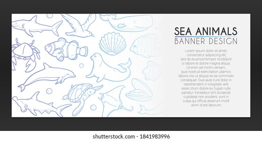 Sea Animals Banner Doodles. Water Background Hand drawn. Ocean illustration. Vector Horizontal Design.