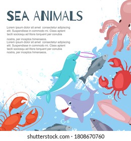 sea animals, banner inscription, background information, ocean marine nature, design cartoon style vector illustration. Cute underwater aquarium, tropical coral world, exotic summer, fish collection