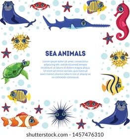 Sea Animals Banner Template with Place for Text, Cute Underwater Marine Creatures Vector Illustration