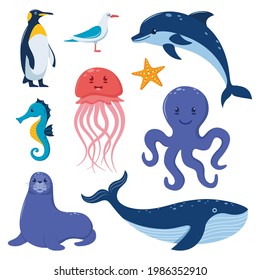 Sea animals big set. Cute flat style sea creature characters. Penguin, whale, seal, seahorse, dolphin, octopus, jellyfish, starfish gull Vector illustration