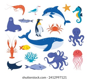 Sea animals big set. Cute flat style sea creature characters. Penguin, whale, seal, seahorse, dolphin, octopus, jellyfish, starfish gull Vector illustration