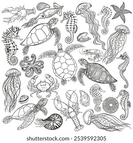 Sea animals. Big vector collection, isolated elements on a white background. Hand drawn illustration. Excellent for the design of invitations, cards, menu decoration,  printing and textiles.