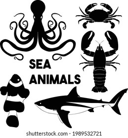 Sea Animals black silhouette, vector flat octupus, crab, shark, clown fish, lobster isolated vector illustration, sea food wild life underwater, marine life collection