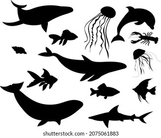 sea animals, black silhouette vector, isolated