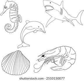 Sea animals black and white illustration