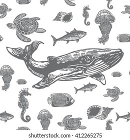 Sea animals black and white seamless vector pattern. Realistic engraved style of Sea animals on white background.