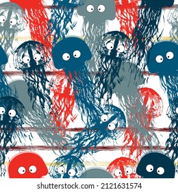 Sea animals blue watercolor ocean seamless pettern fish, turtle, whale and coral.  Marine ocean animals pattern. Fish, narwhal, jellyfish pattern.